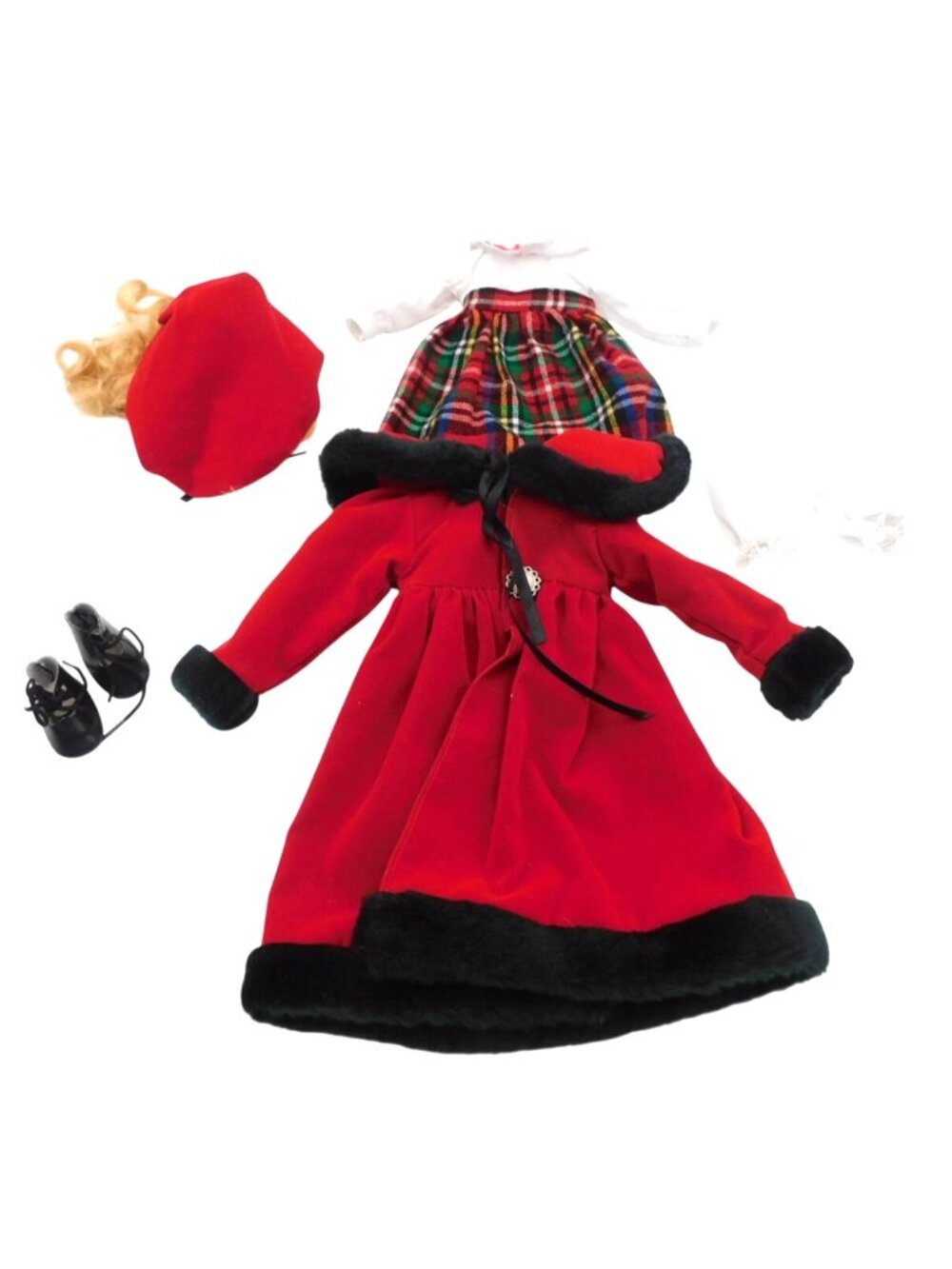 Tuss Doll Clothing Set With Red Coat Plaid Dress Wig Bonnet for Thin 18" Doll